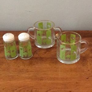 MCM 4 Pieces Glass Sugar Creamer Salt & Pepper EUC Green Accents Mid Century Mod